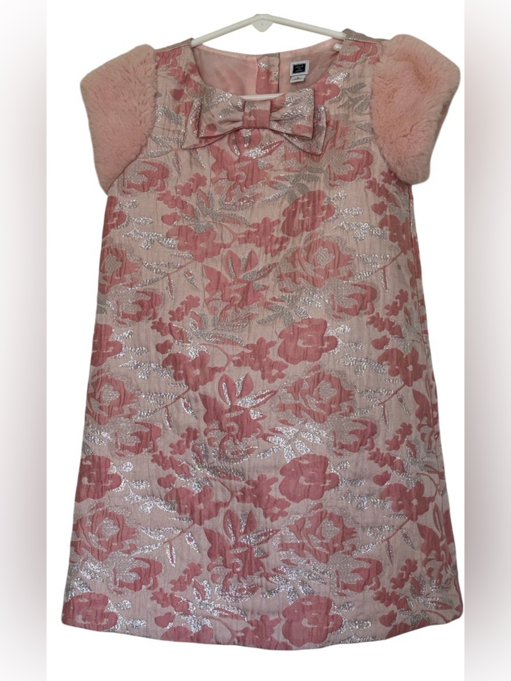 Janie and Jack Pink Silver Metallic Floral Jacquard Dress Soft Faux Cap Sleeve 5